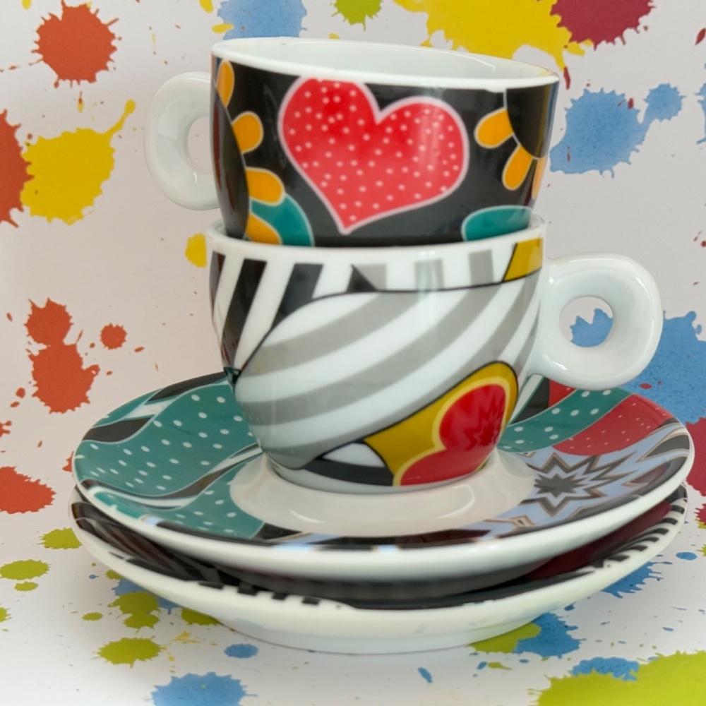 Pair (2) Espresso Cups & Saucers (2) Coordinated Colorful - Picture 9 of 10